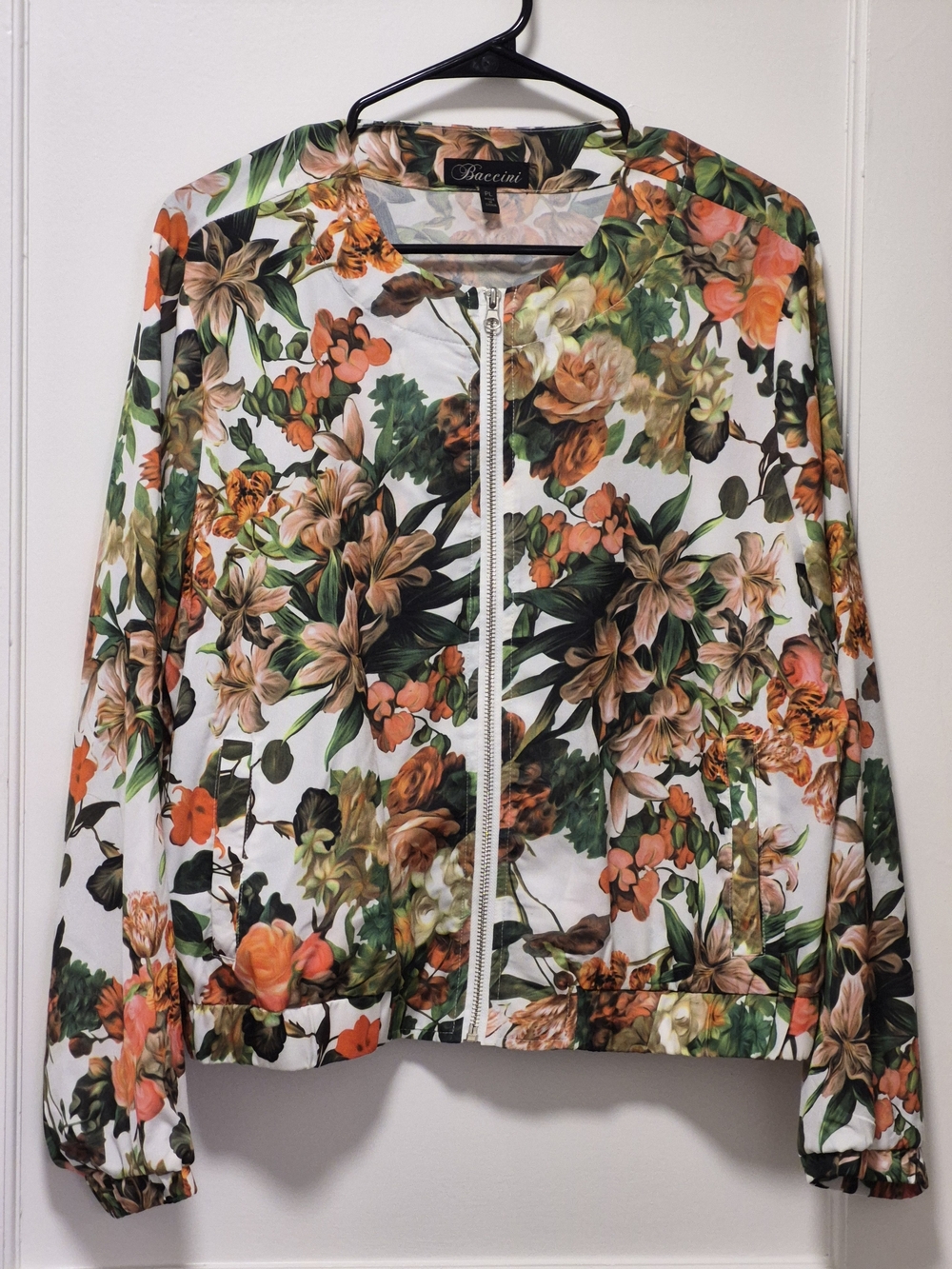 Baccini White Floral Zip-Front Bomber Jacket with Green and Orange Accents